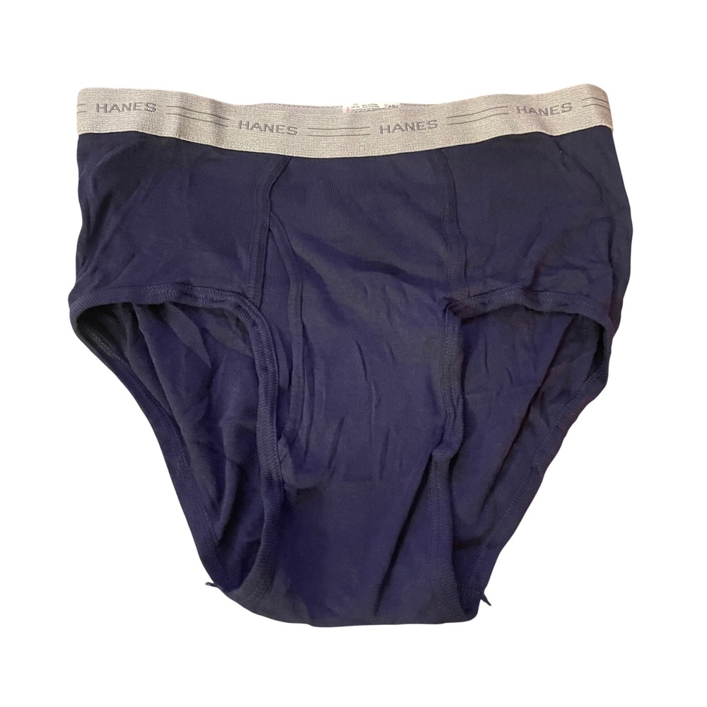 VTG 90s Gray Waist Band Navy Blue Classic Hane Men Brief Large 36-38 100% Cotton